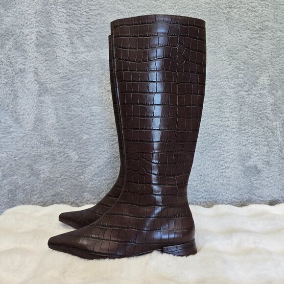 Gianni Bini Sharri Croc Embossed Brown Leather Tall Boots Women's Sizes NEW - Picture 1 of 9